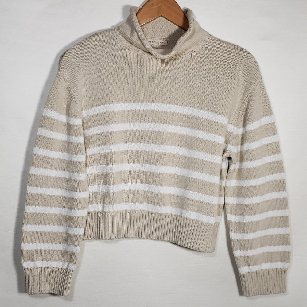 Copper Key Thick knitted mock roll neck sweater white beige striped womens Small - Picture 4 of 6